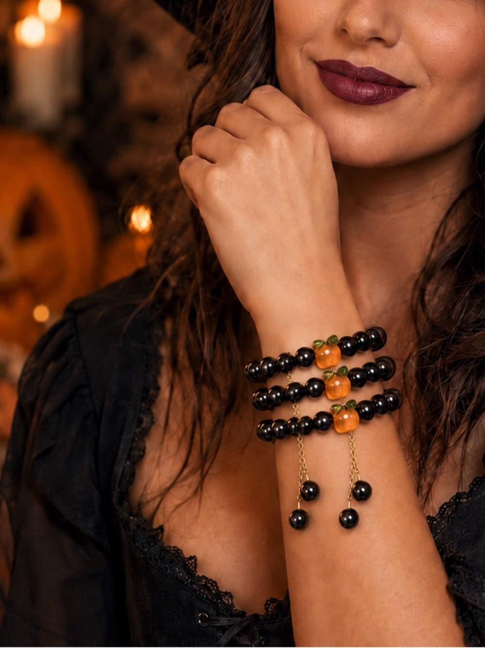 Set of 3 Black Beaded Bracelets with Pumpkin Accent Bead - Great for Fall & 🎃